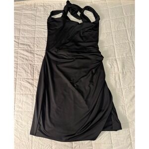 Black Halter Neck Tie Bodycon Ruched LBD Slit Midi Dress‎ Size M
